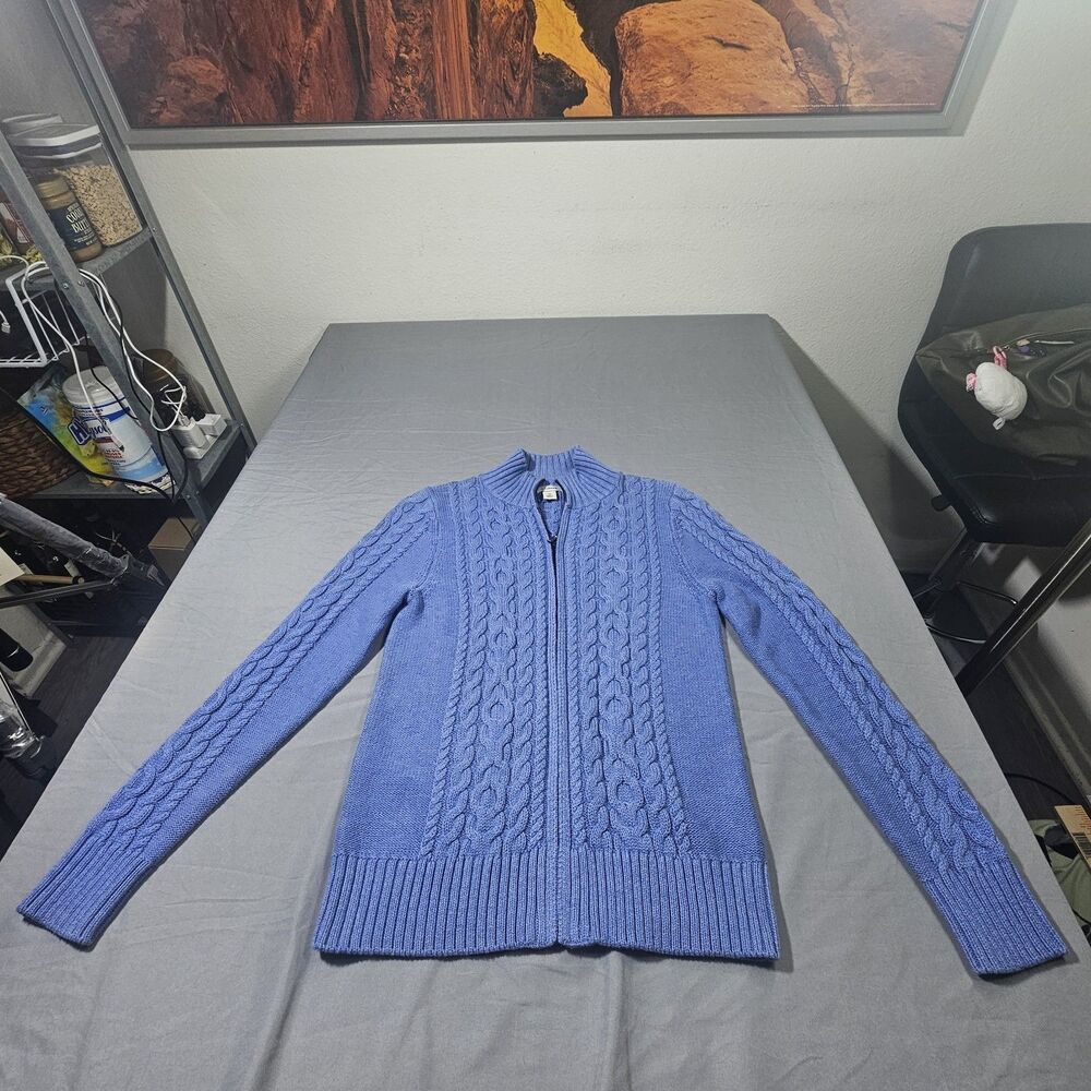 LL Bean Sweater Womens XS Petite Periwinkle Blue Cable Knit Full Zip Cotton...